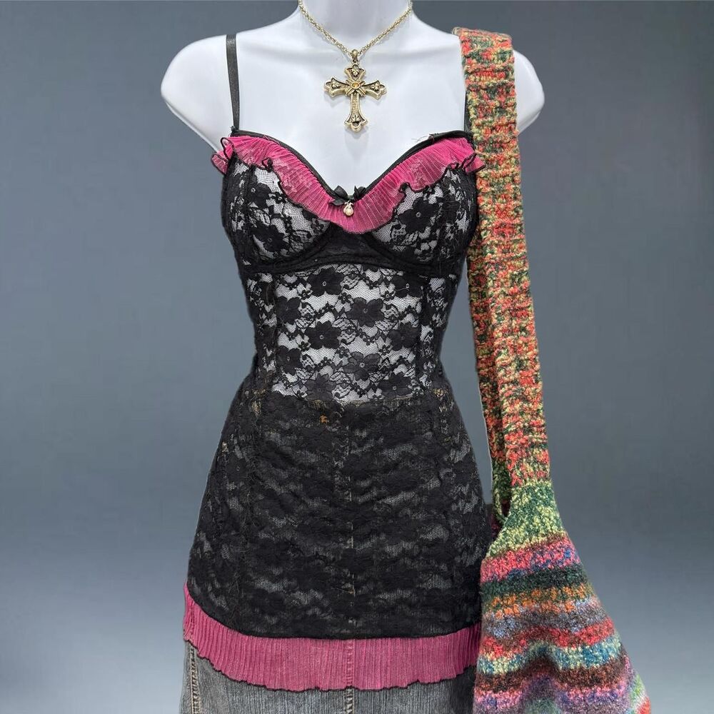 Y2K Coquette Lace Mesh Top Pink Trim Babydoll Grunge Cami Vibes